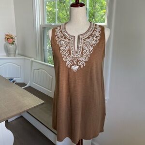 J. Jill Vicuna Embroidered Boho V-Neck Sleeveless Tunic Length Cotton Blend Top